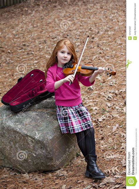 Young Redhead With Violin Outdoors Royalty Free Stock