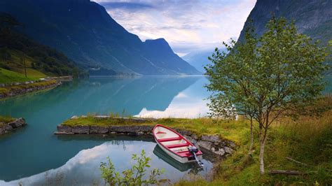 1920x1080 Norway Boat Mountains Blue Water Lake Coast Stones