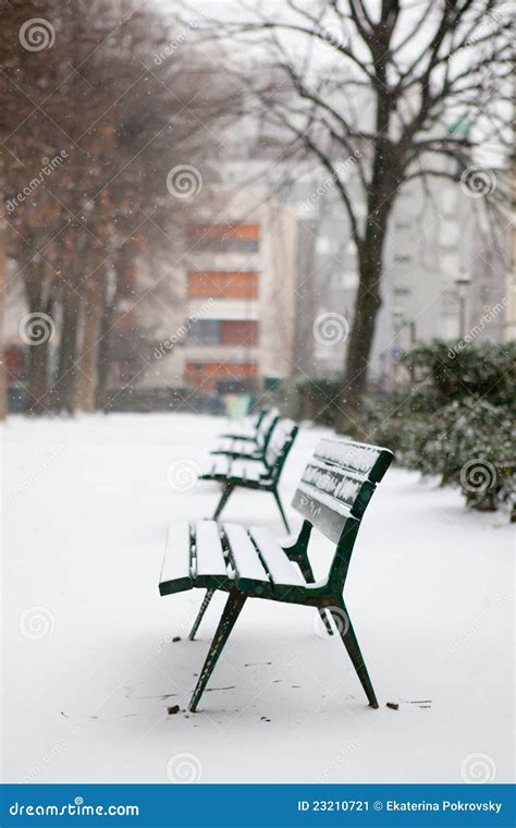 Benches In A Park Covered With Snow Stock Image Image Of Urban