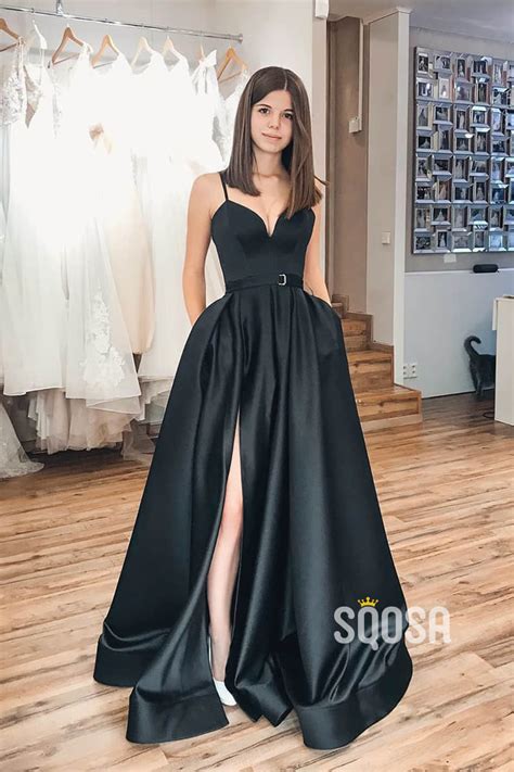 A Line Black Satin Spaghetti Straps V Neck Simple Prom Dress With Pock Sqosa
