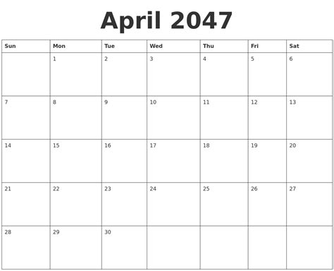 April 2047 Blank Calendar Template