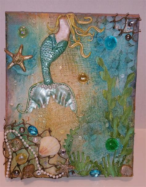 Mermaid Canvas Hand Crafted Mermaid Mixed Media Canvas Stretched 8 X