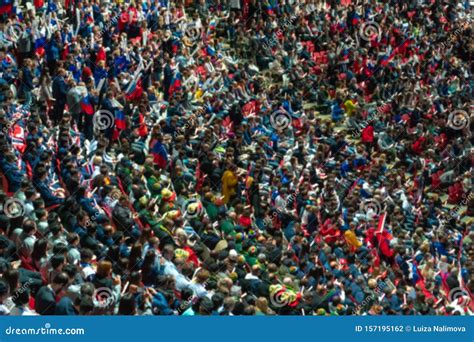 russia kazan august 27 2019 blurred crowd of spectators on a stadium tribune at a sporting