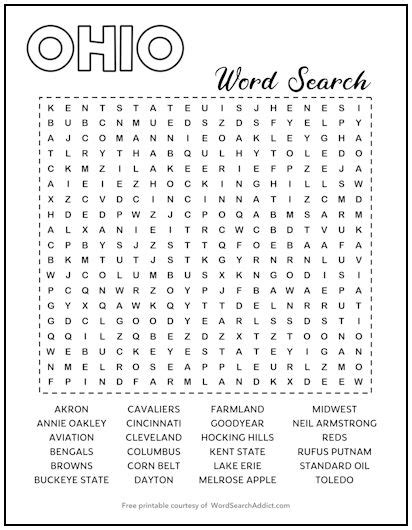 Ohio Printable Word Search Puzzle Word Search Addict