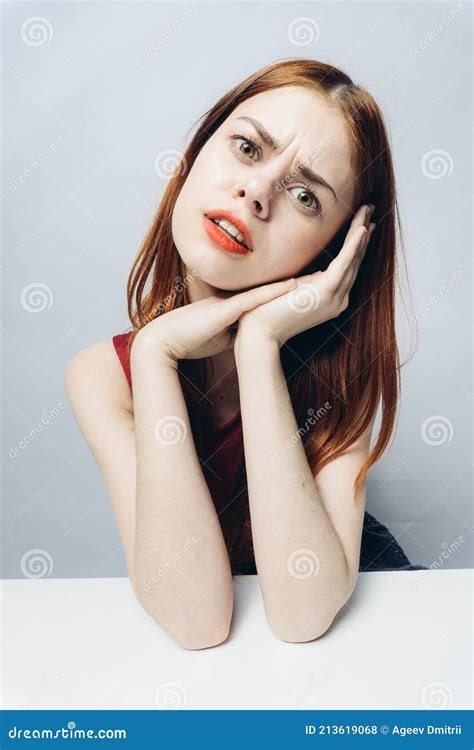 Pretty Woman Red Lipstick Emotions Hands On Face Antics Stock Photo