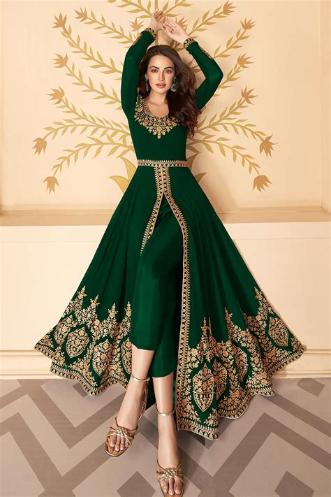 Buy Dazzling Bottle Green Zari Embroidered Georgette Anarkali Suit With Dupatta Online Like A Diva