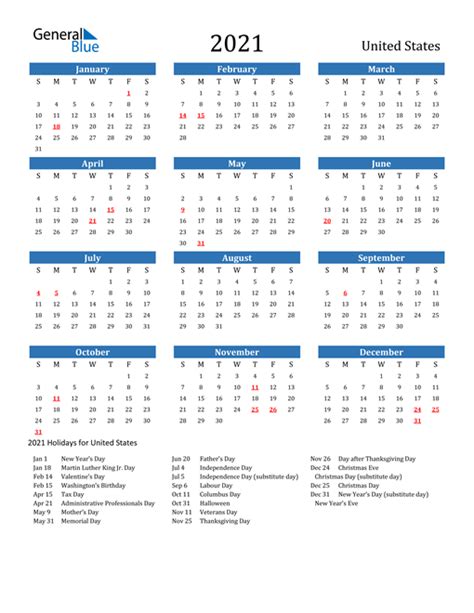 2021 Calendar With Federal Holidays Printable Free Free