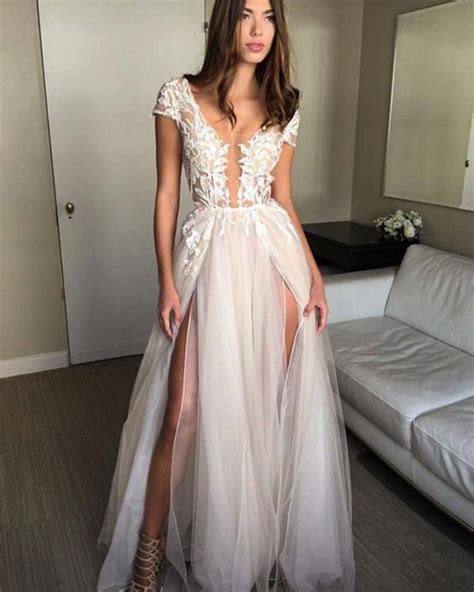 Long Tulle Scoop Lace White Appliqued Prom Dress With Double Slits