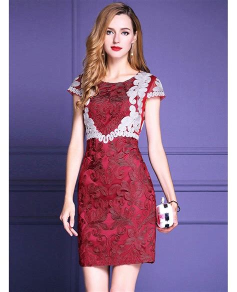 Unique Burgundy Embroidery Cocktail Dress For Weddings Cap Sleeves Zl8103