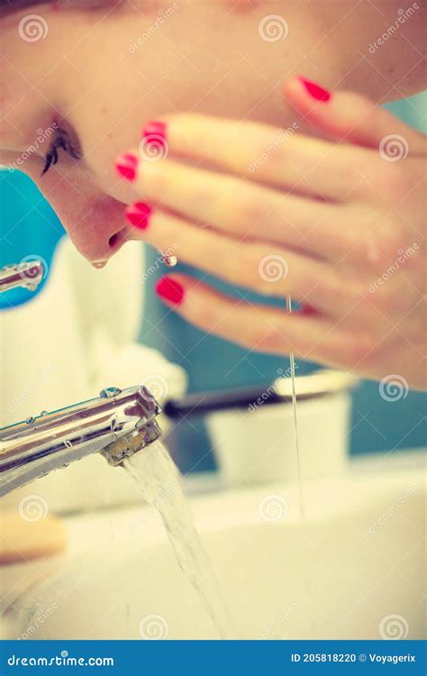 Woman Washing Face In Bathroom Hygiene Stock Photo Image Of Liquid