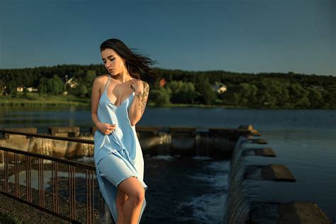 Aleksa Terechuk In Blue Outdoors Model Dress Brunette Hd Wallpaper