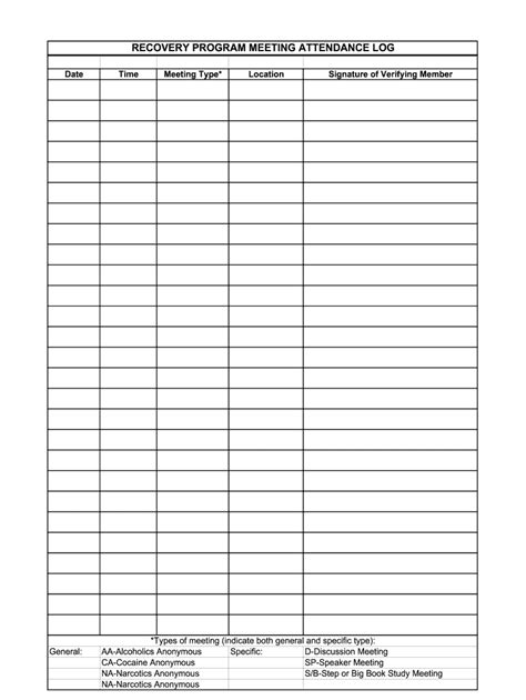 Printable Aa Attendance Sheet Printable Blank World