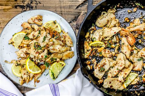 Spicy Lemon And Garlic Pan Fried Chicken Strips Skillet