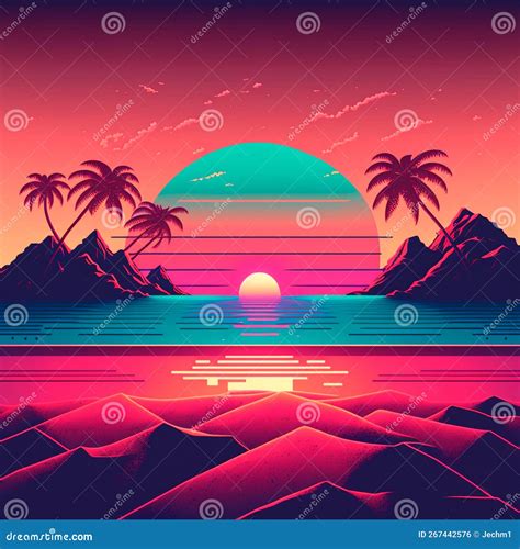 vaporwave neon on a beach with a cyberpunk style sunset generative ai generative ai stock