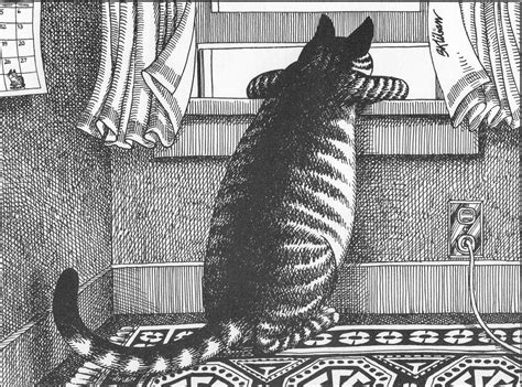 B Kliban Cat Original Comical Cat On Look Out Duty Black And White