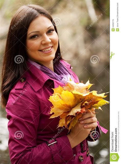 Young Woman With Autumn Leaves In Park Stock Image Image Of