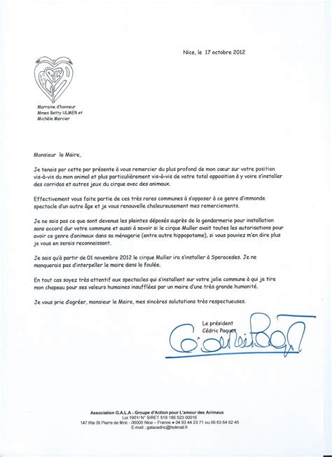 lettre de remerciement a un maire