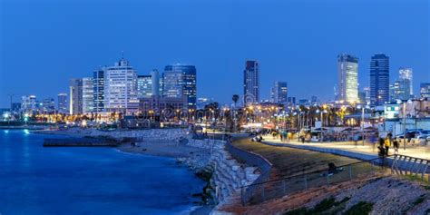 Tel Aviv Skyline Panorama Israel Blue Hour City Sea Skyscrapers Stock