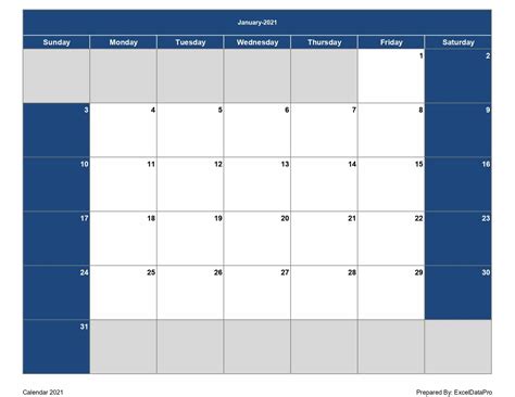 Download 2021 Monthly Calendar Sun Start Excel Template Exceldatapro
