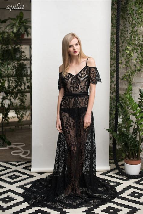Long Black Lace Nightgown F26 Bridal Black Lingerie Wedding Etsy