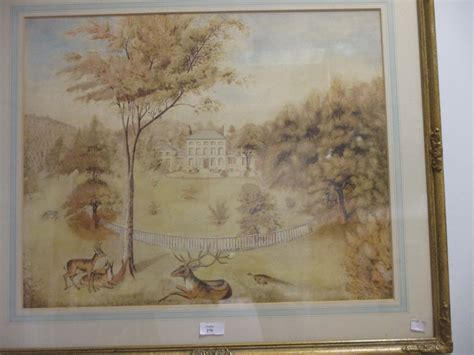19th Century English School Country House And Parkland With Deer In