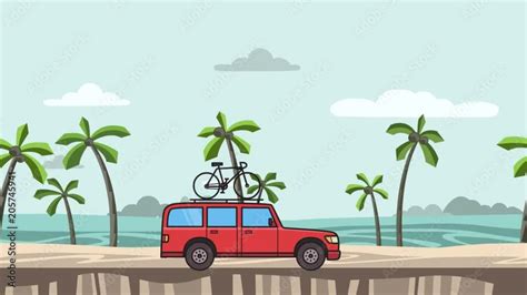 Animated Red Suv Car With Bicycle On The Roof Trunk Riding On The Beach