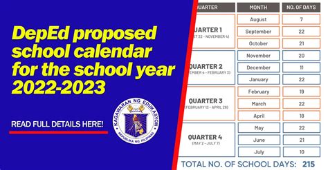 Deped Proposed School Calendar For The School Year 2022 2023