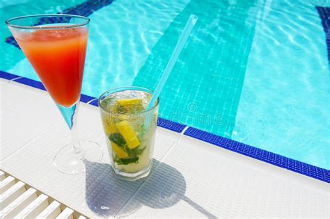 Two Tasty Cocktails Near Swimming Pool On A Hot Summer Day Stock Image Image Of Delicious