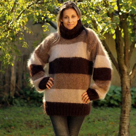 Hand Knit Mohair Sweater Brown Beige Striped Fuzzy