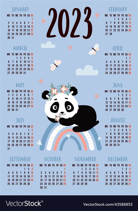 Vertical Annual Calendar For 2023 For 12 Months Vector Image