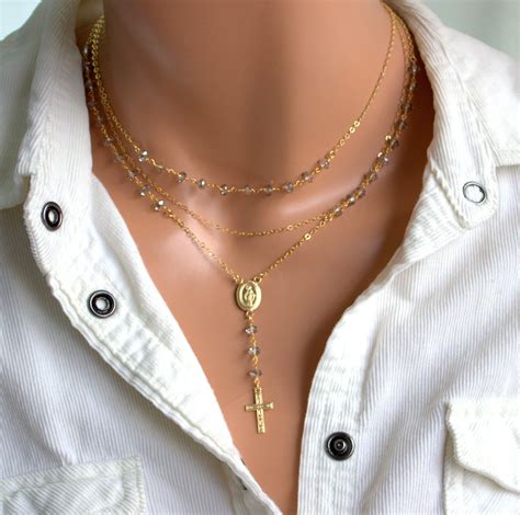 BEST SELLER Gold Rosary Necklace Women Grey Crystal Multi Etsy Gold