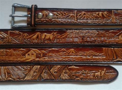 134 Wide Hand Carved Western Leather Belt Details A