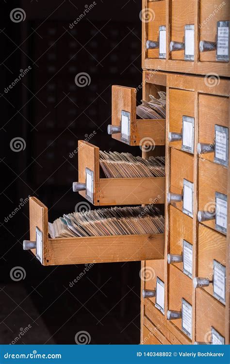 Old Library Reference Catalogue With Opened Card Drawer Stock Photo