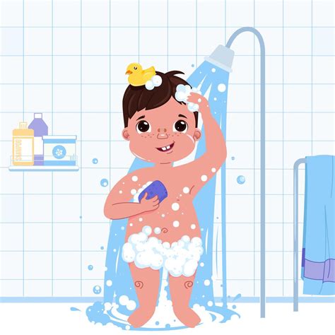 Personagem De Menino Pequeno Criança Tomar Um Banho Rotina Diária