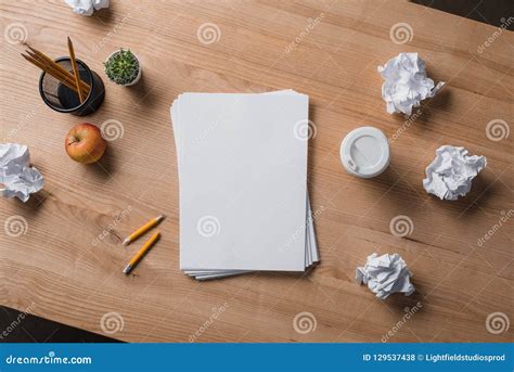 Top View Of Stacked Blank Papers On Wooden Table Stock Photo Image Of