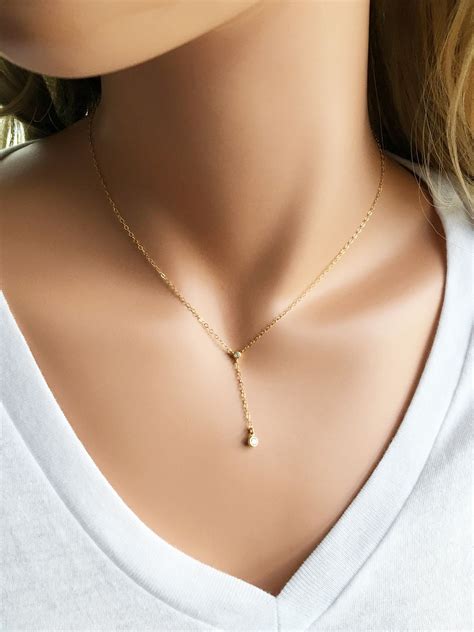 Delicate Lariat Necklace Petite Crystal Necklace Modern Gold
