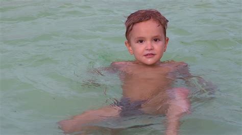 Portrait Little Boy Swimming In The Pool Happy Kid 4 Years Old Enjoy