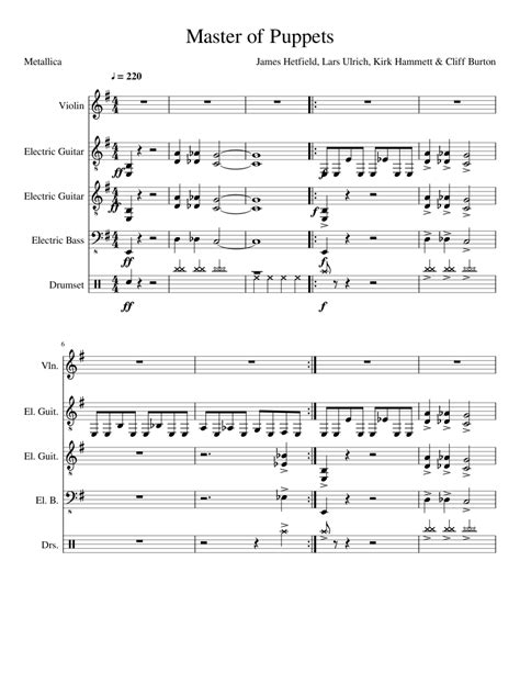 Master of Puppets Sheet music for Violin, Guitar, Bass guitar, Drum