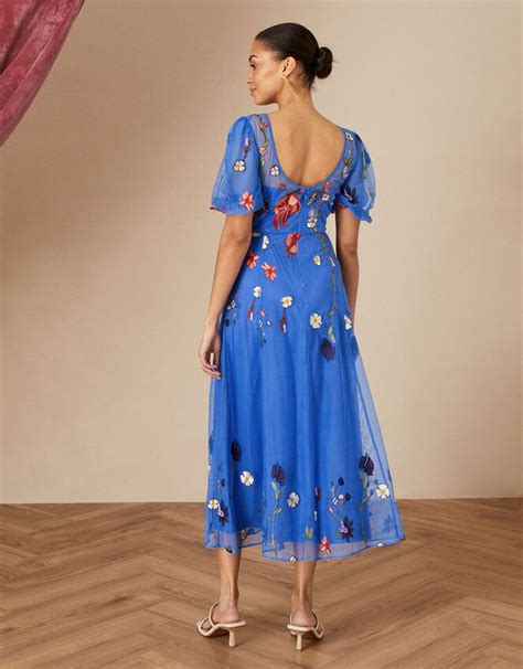 Andrea Embroidered Midi Dress Is Recycled Polyester Blue Evening Dresses Monsoon Uk