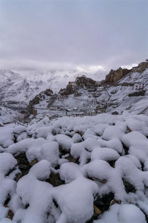 Snow Covered Dhankar Village Spiti Valley Himachal India Stock