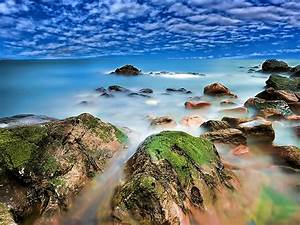 Seaside, Coastline, Red, Rocks, With, Green, Moss, Turquoise
