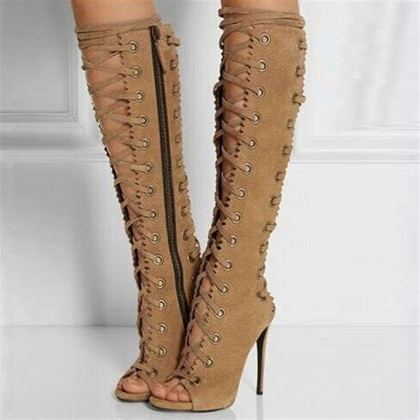 shoespie lace up peep toe stiletto heel knee high boots boots stiletto heels heels