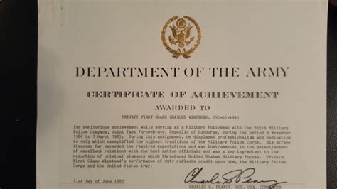Department Of The Army Certificate Of Achievement All Star Senior