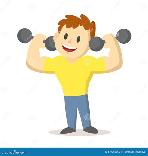 Smiling Strong Boy Exercising With Two Dumbbells Cartoon Character