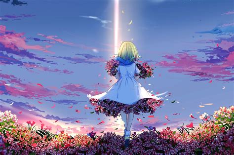 Download 2560x1700 Anime Girl Spring Back View Colorful Flowers