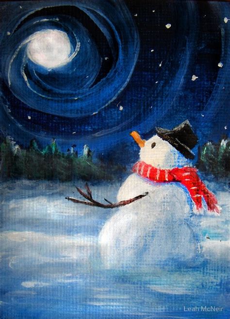 Snowman Gazes At Night Sky And Moon Folk Painting Holiday Card