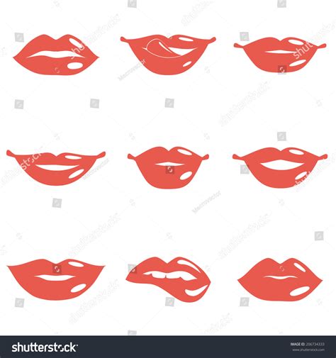 Set Of Mouth Smile Red Sexy Woman Lips Isolated On White Vector Illustration 206734333