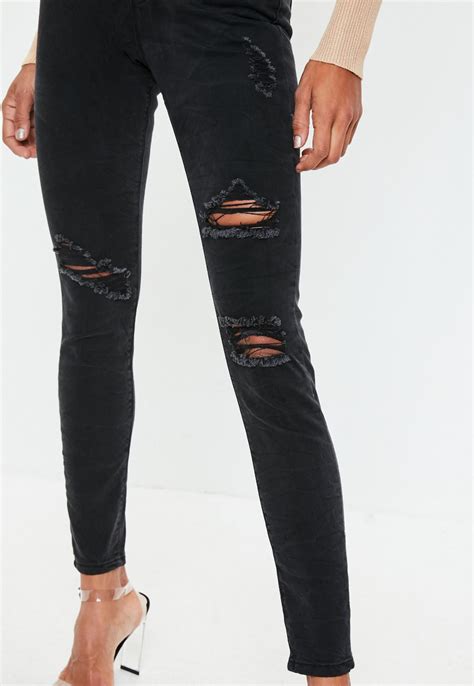 Missguided Black Sinner High Waisted Authentic Ripped Skinny Jeans