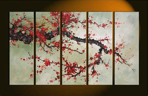 Hand Made 5 Pieces Cherry Blossom Painting Abstract Red