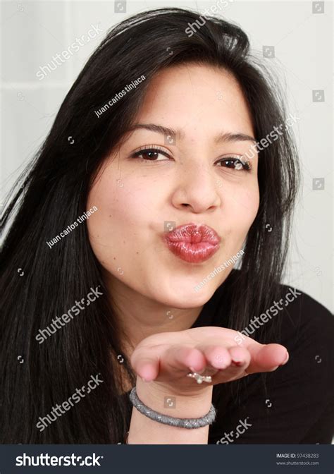 Portrait Beautiful Woman Blowing Kiss Home Shutterstock